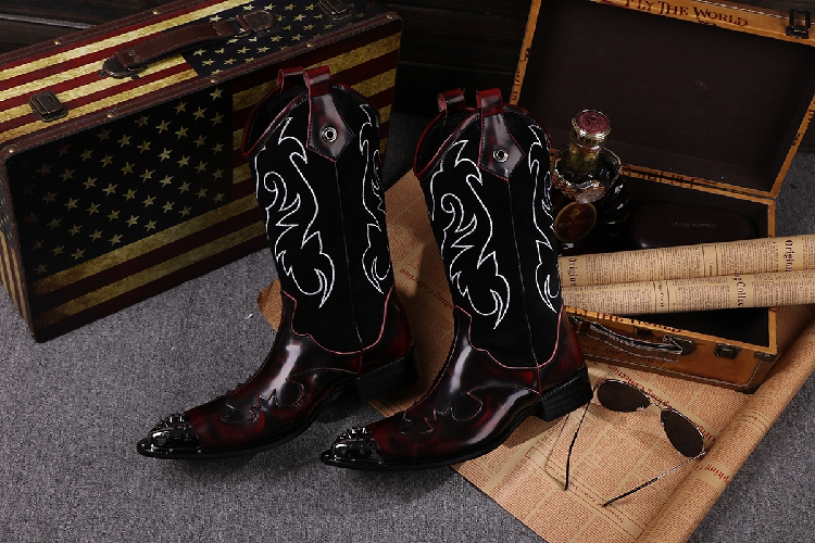 欧美复古高帮高跟尖头铁头高靴牛皮男鞋英伦休闲发型师牛仔男靴子