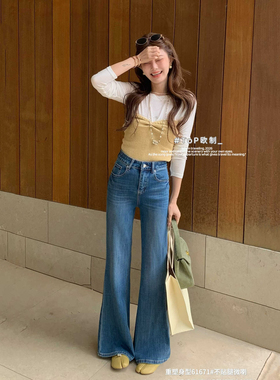 TOP欧制蓝色不贴腿微喇裤女2026早春新款四面弹M字后袋显瘦喇叭裤