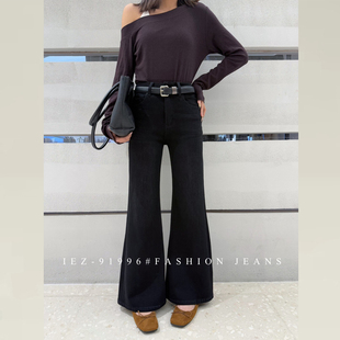 直筒不贴腿喇叭裤 iez黑色加绒微喇牛仔裤 型超好看 版 女2025新款