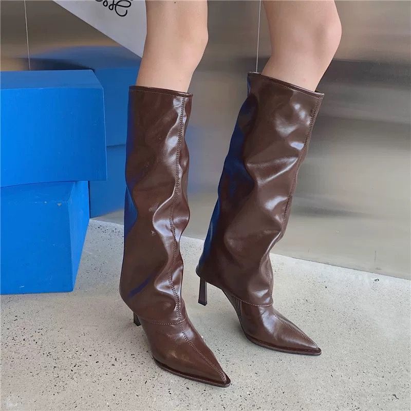 漆皮裤管靴尖头细跟高跟长筒靴长靴2025春秋新款设计感辣妹骑士靴