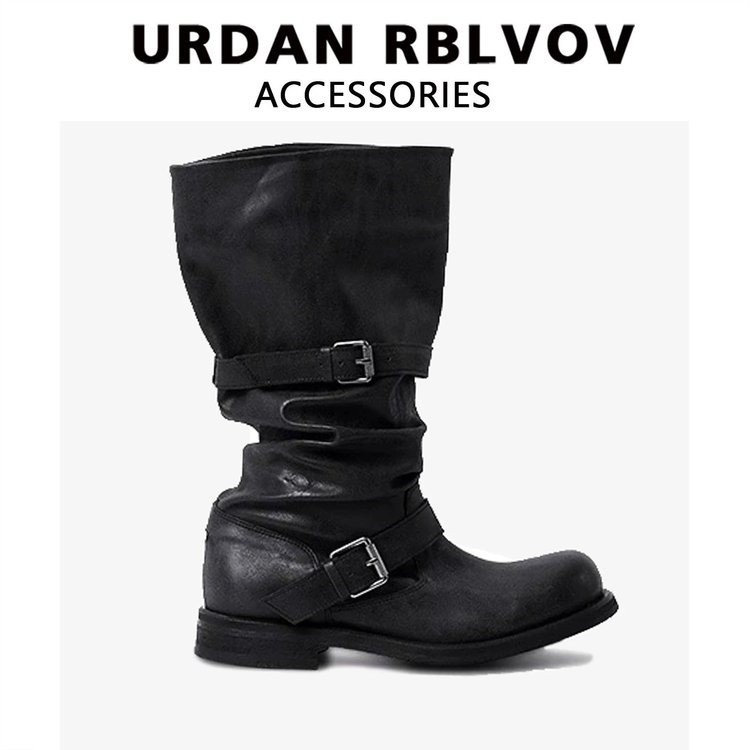 2025年新款韩系复古做旧皮带扣中筒骑士靴女厚底小众堆堆靴马丁靴