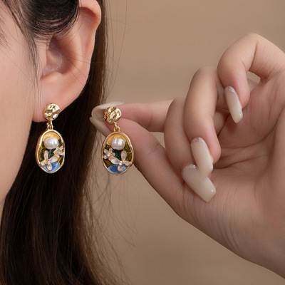 银针复古莫奈花园油画珍珠耳环法