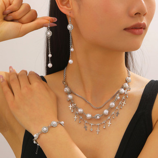 Pearl tassel collarbone chain bracelet earrings for women