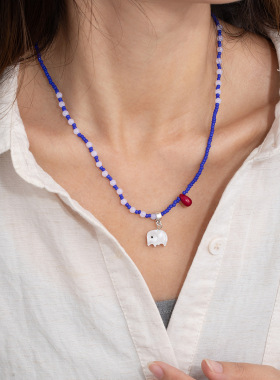 新款个性顽皮小象蓝白色串珠项链
