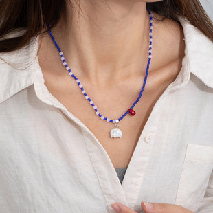 Personalized Naughty Elephant Blue and White Beaded Necklace