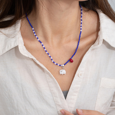 新款个性顽皮小象蓝白色串珠项链
