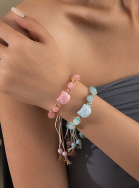 Sweet dopamine cartoon KT cat pink couple woven bracelet