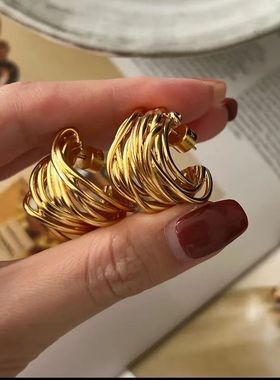 跨境 Fashion heavy alloy line winch half-round stud earrings