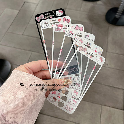 卡通hello Kitty适用苹果4/4S/5/5S钢化玻璃贴膜iPhone6/7/8plus黑白KT猫全屏手机彩膜美乐蒂SE1/2/3女