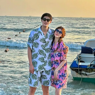 棉绸三亚旅游沙滩超薄衬衣家居套装 夏季 休闲男短袖 海南岛服花衬衫