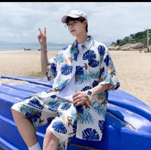 沙滩衬衫套装海南岛沙滩服男三亚海边度假花情侣夏威夷衬衣两件套
