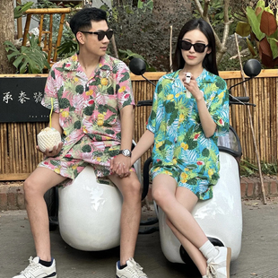 海南岛服沙滩服三亚夏威风泰国旅游情侣休闲绵绸 男套装 短袖 衬衫