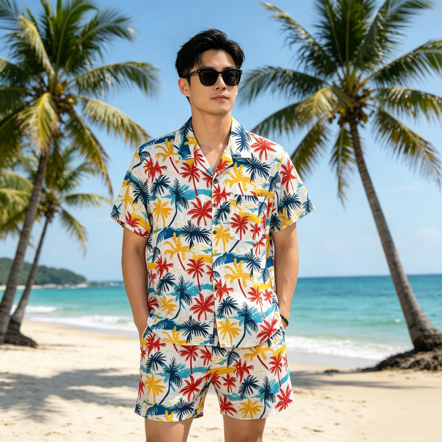 短袖衬衫男套装海南岛服沙滩服三亚夏威风泰国旅游情侣休闲绵绸