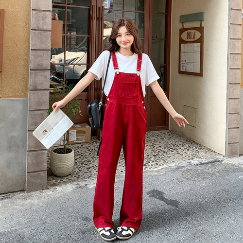 2026年新款红色背带裤学生休闲裤正红色中国红背带长裤阔腿裤女