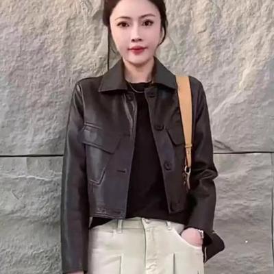 小个子翻领皮衣外套短款机车