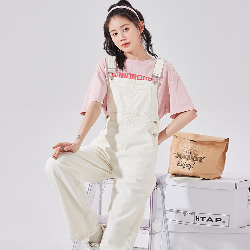 唐狮2022春夏新款背带牛仔裤女阔腿拖地牛仔裤学院风宽松韩版净色