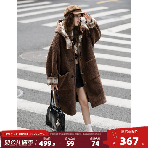 唐狮2025秋冬季超长款仿羊羔毛外套女连帽学院风慵懒美式复古时尚