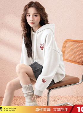 唐狮2026春夏新款女连帽卫衣百搭白色套头衫爱心设计感潮流爆款pc
