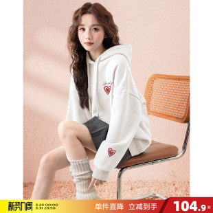 爱心设计感潮流爆款 唐狮2026春夏新款 女连帽卫衣百搭白色套头衫