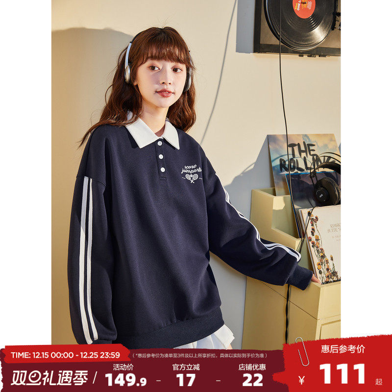 唐狮新款长袖卫衣polo衫女2025秋季宽松百搭设计感小众爆款上衣