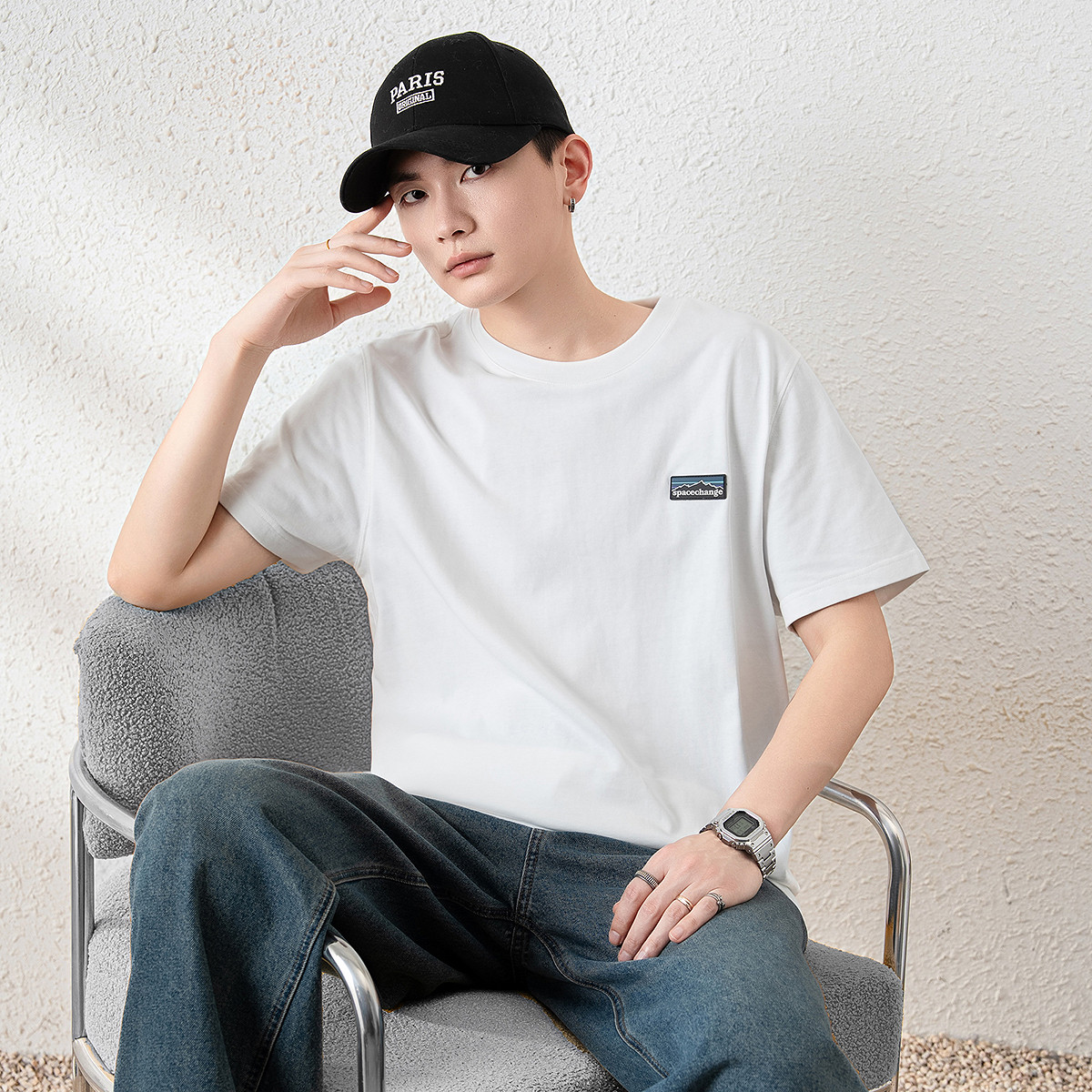 唐狮2025春夏新款男短袖T恤刺绣小标宽松打底衫简约内搭纯色潮t