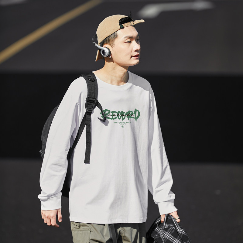 唐狮2024春季新款长袖T恤男宽松休闲印花圆领上衣男白色打底衫潮