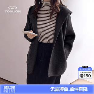 唐狮极简风女士毛衣外套秋季中长款连帽开衫垂感宽松显瘦大衣上衣