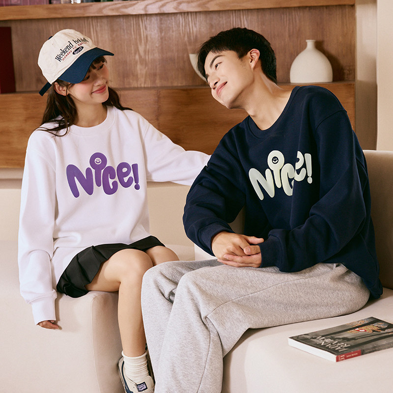 唐狮2024春秋季新款情侣卫衣男士圆领白色长袖上衣外套女情侣装潮