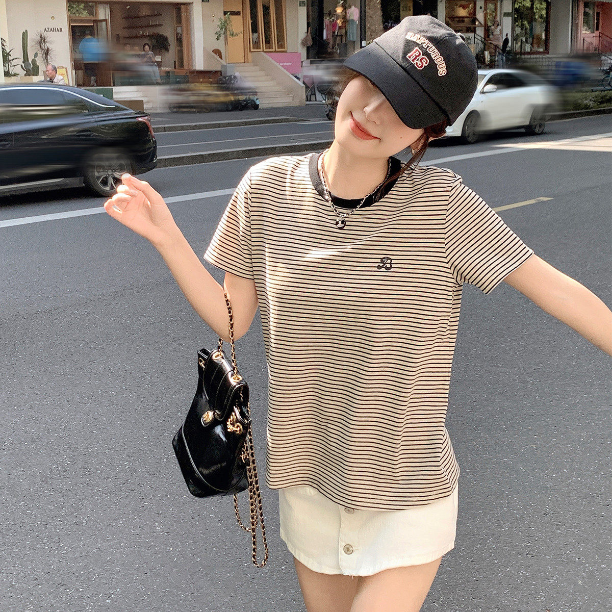 唐狮2025夏季女短袖T恤减圆领左胸字母条纹龄休闲学院风百搭气质,女装/女士精品,T恤,淘宝优惠券,粉丝福利购,淘宝优惠卷