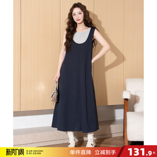假两件宽松拼接长裙藏青色简约通勤 连衣裙女无袖 唐狮2026春季 新款
