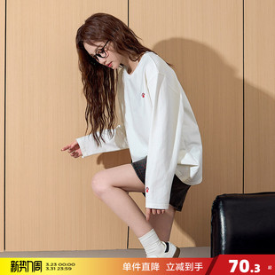 唐狮春季新款长袖T恤女宽松圆领净色纯棉百搭白色打底衫上衣t