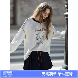 唐狮2026春秋冬季卫衣女圆领加绒加厚卡通印花宽松慵懒风设计时尚