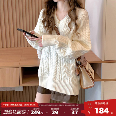 唐狮2025秋冬慵懒风显瘦V领中长款套头女式毛衣气质温柔上衣女潮