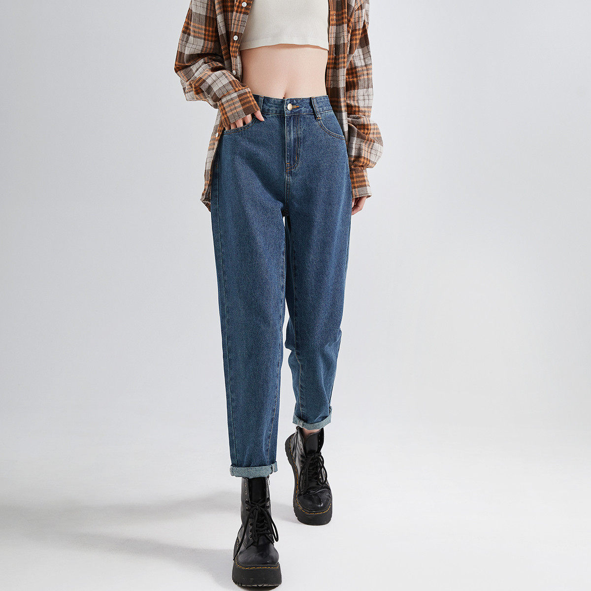 唐狮深蓝色高腰牛仔裤女2025秋季新款宽松显瘦潮流时尚直筒哈伦裤