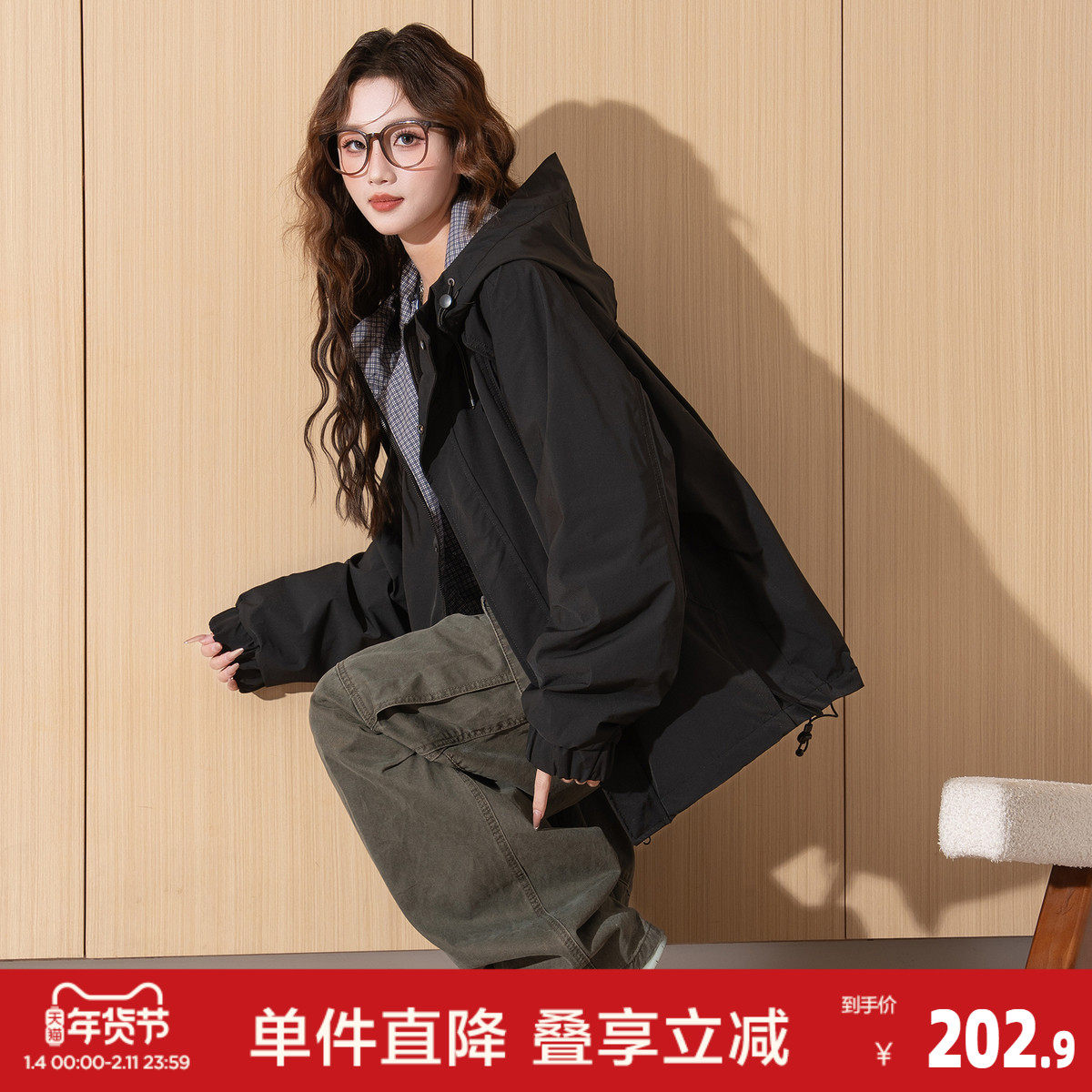 唐狮2026秋冬外套女连帽双面穿格纹高级感小个子气质女式外套潮,女装/女士精品,短外套,淘宝优惠券,粉丝福利购,淘宝优惠卷