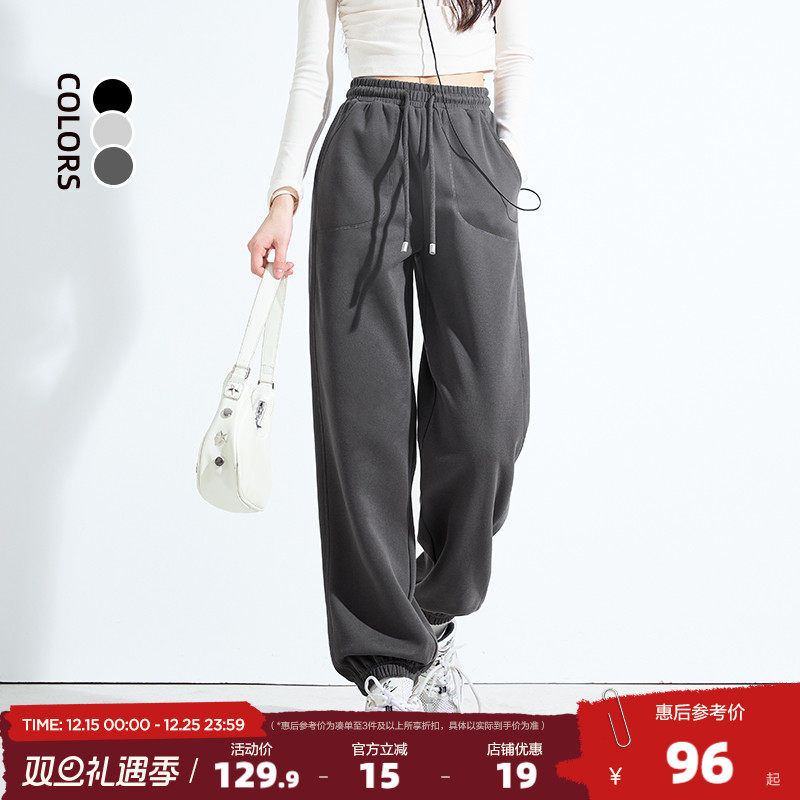 唐狮2025春秋季新款运动裤女三针五线宽松休闲长裤束脚灰色卫裤