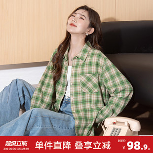 唐狮2026新款长袖格子衬衫女绿色格纹翻领复古百搭休闲上衣bl