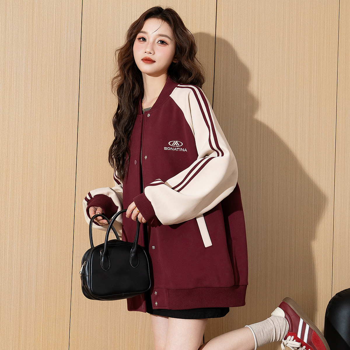 唐狮撞色拼接宽松美式休闲外套女