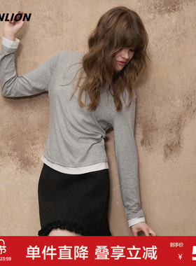 唐狮圆领下摆拼接长袖打底衫女2026新款春季灰色休闲内搭T恤wp