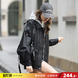 复古黑色好看上衣 宽松美式 唐狮2026春季 皮衣外套女假两件连帽时尚