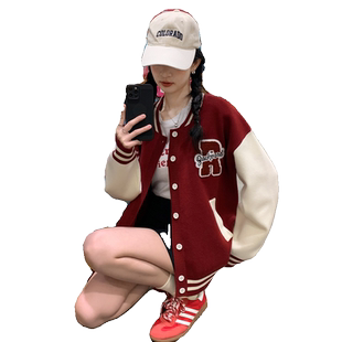 唐狮春秋季新款毛衣外套女美式复古棒球服开衫休闲冬季上衣cz