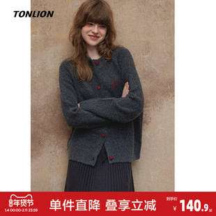 唐狮2026秋冬毛衣慵懒风针织开衫外套女撞色爱心复古毛衣外套