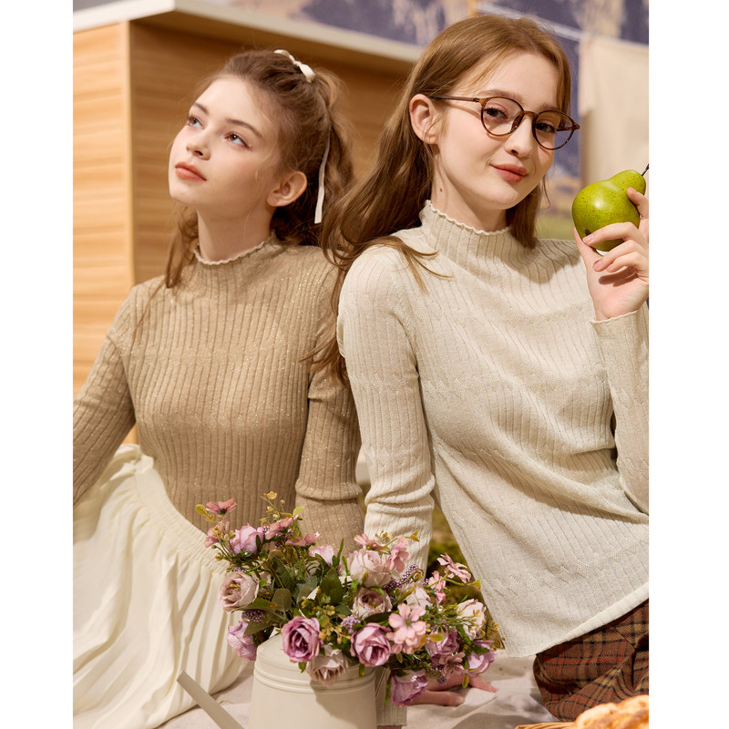 唐狮半高领内搭打底衫女2024新款早秋美拉德风棕色修身薄款针织衫