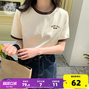 纯棉短袖 夏季 yoe小个子米色女士半袖 t恤女上衣女装 新款 宽松短款