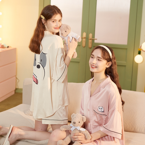 唐狮翻领印花冰丝凉感睡衣套装女