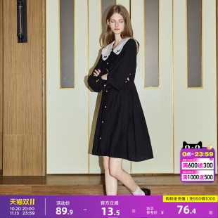 唐狮春装长袖连衣裙女2026早春新款娃娃领衬衫裙小个子黑色裙子