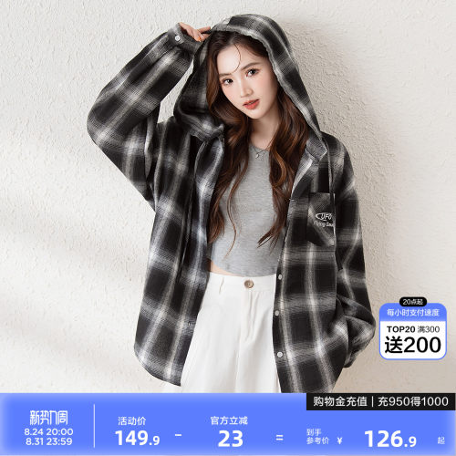 唐狮春秋格子连帽衬衫潮流百搭秋款上衣女年轻时尚高级感衬衣