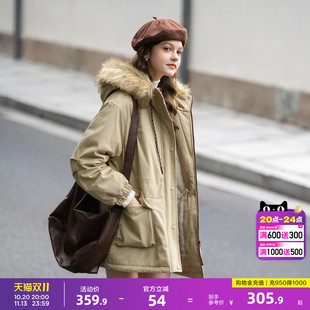 唐狮2026冬季女连帽中长款棉服卡其潮流时尚气质风衣学院风休闲