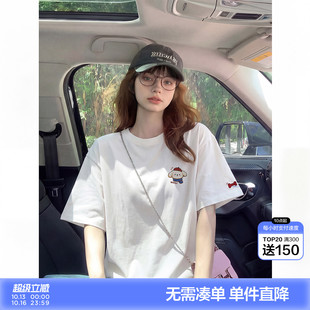 唐狮短袖T恤女新款夏季纯棉T恤女圆领T恤简约设计百搭白色上衣女