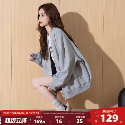 唐狮2025年秋季新款外套女休闲宽松灰色立领卫衣拉链韩版百搭开衫